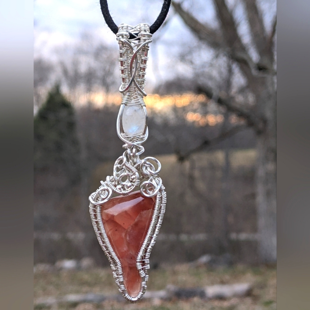 Sterling Silver Moonstone And Strawberry Rhodochrosite Pendant Necklace Handmade - Picture 16 of 17